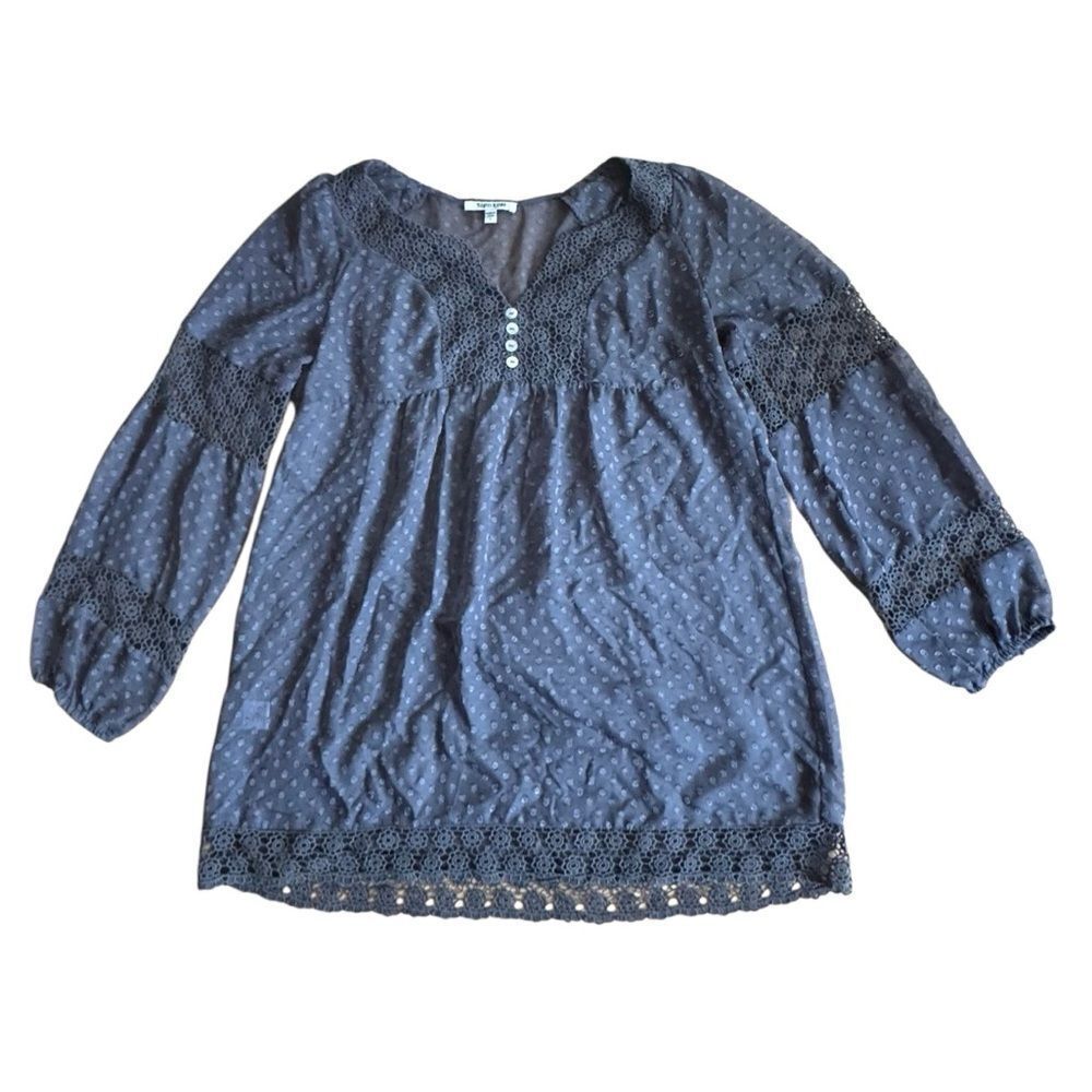 Daniel Rainn Women's Sheer Swiss Dot Lace Trim Peasant Blouse Tunic Size Small